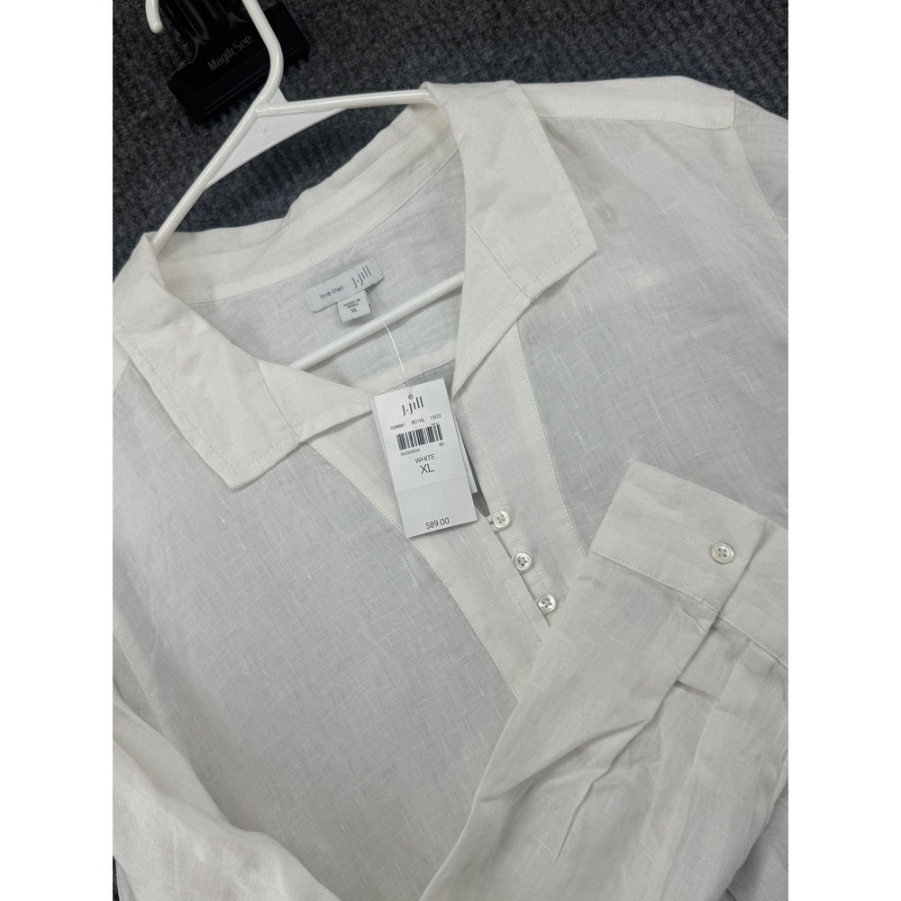 J. Jill Tunic Women XL White NEW Linen Long Sleeve Button Neck Pockets